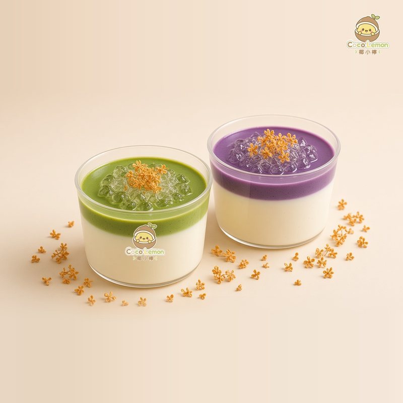 Matcha and ube osmanthus pudding